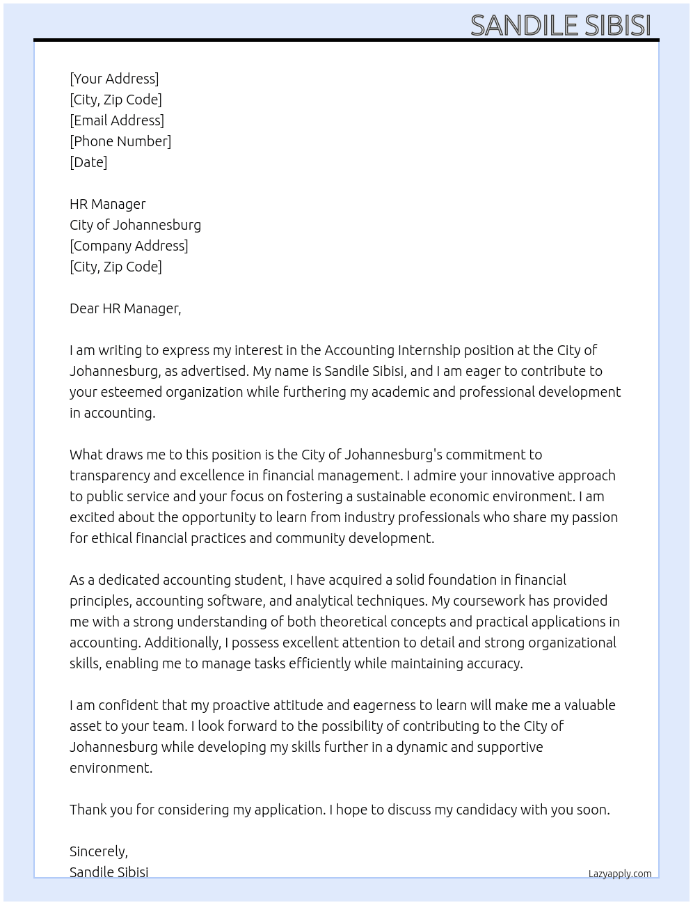 Cover letter for accounting internship - LazyApply