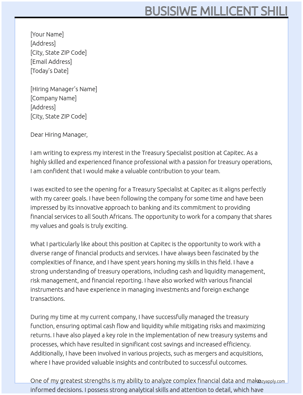 Treasury specialist At Capitec Cover Letter