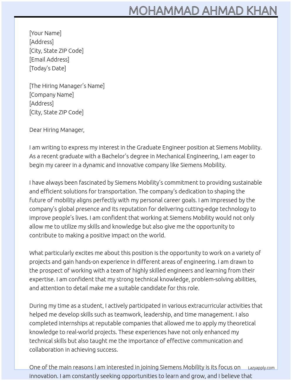 Graduate Engineer  At Siemens Mobility Cover Letter