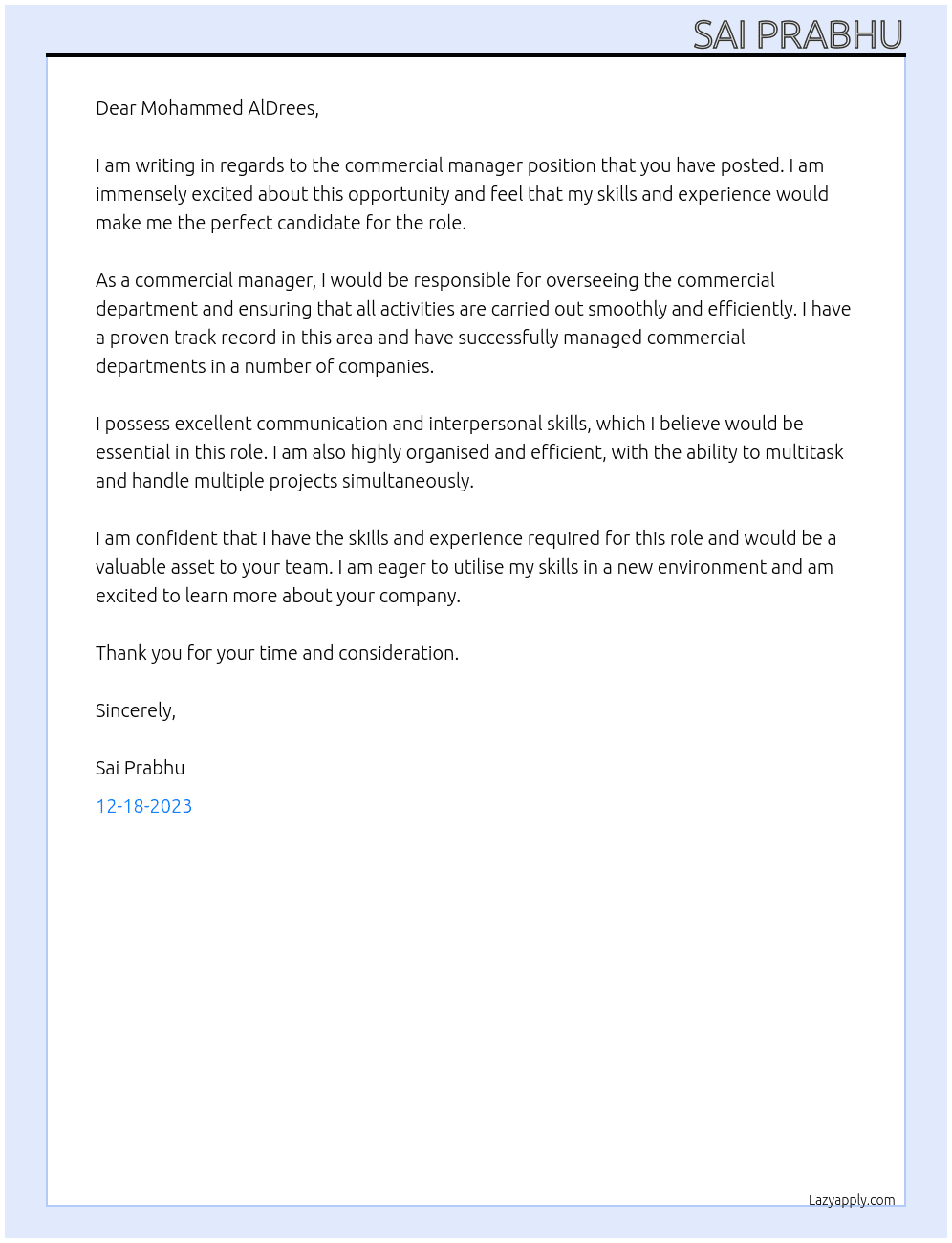 Commercial Manager At AMAD M. ALDREES & PARTNERS CO. Cover Letter