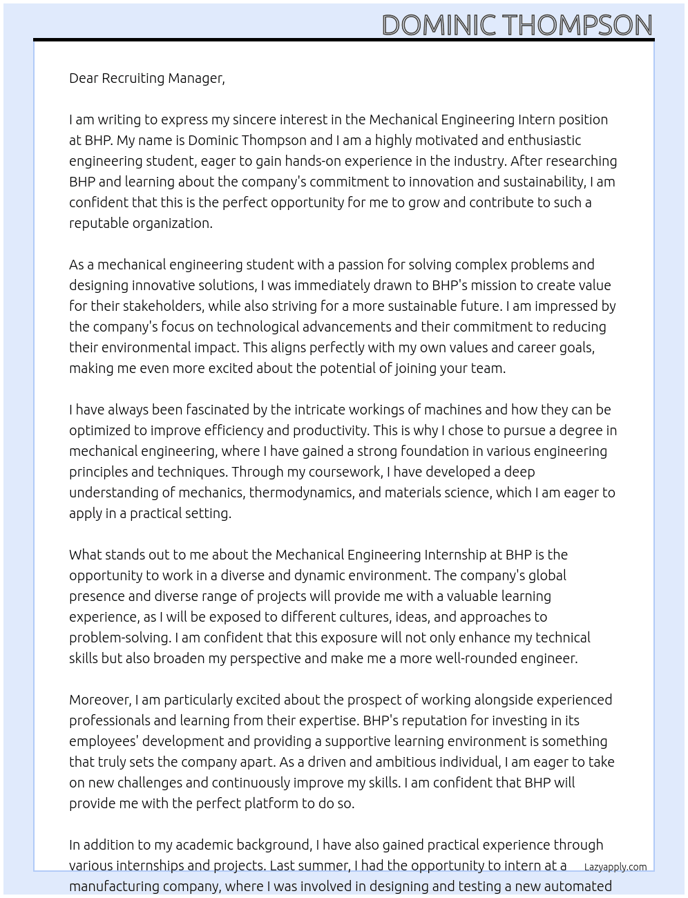 Mechanical Engineering Intern At BHP Cover Letter