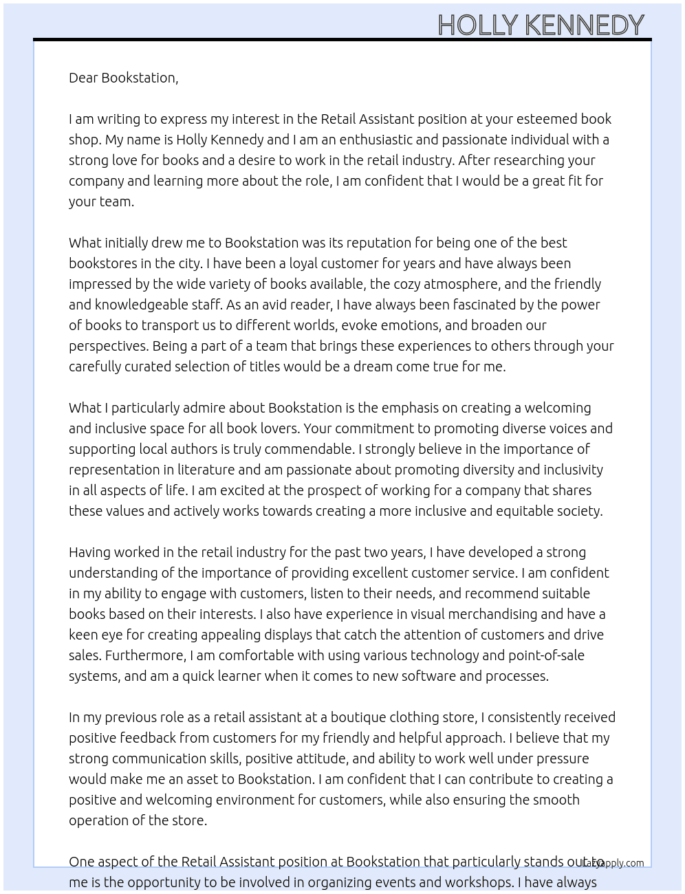 Retail assistant in a book shop At Bookstation  Cover Letter