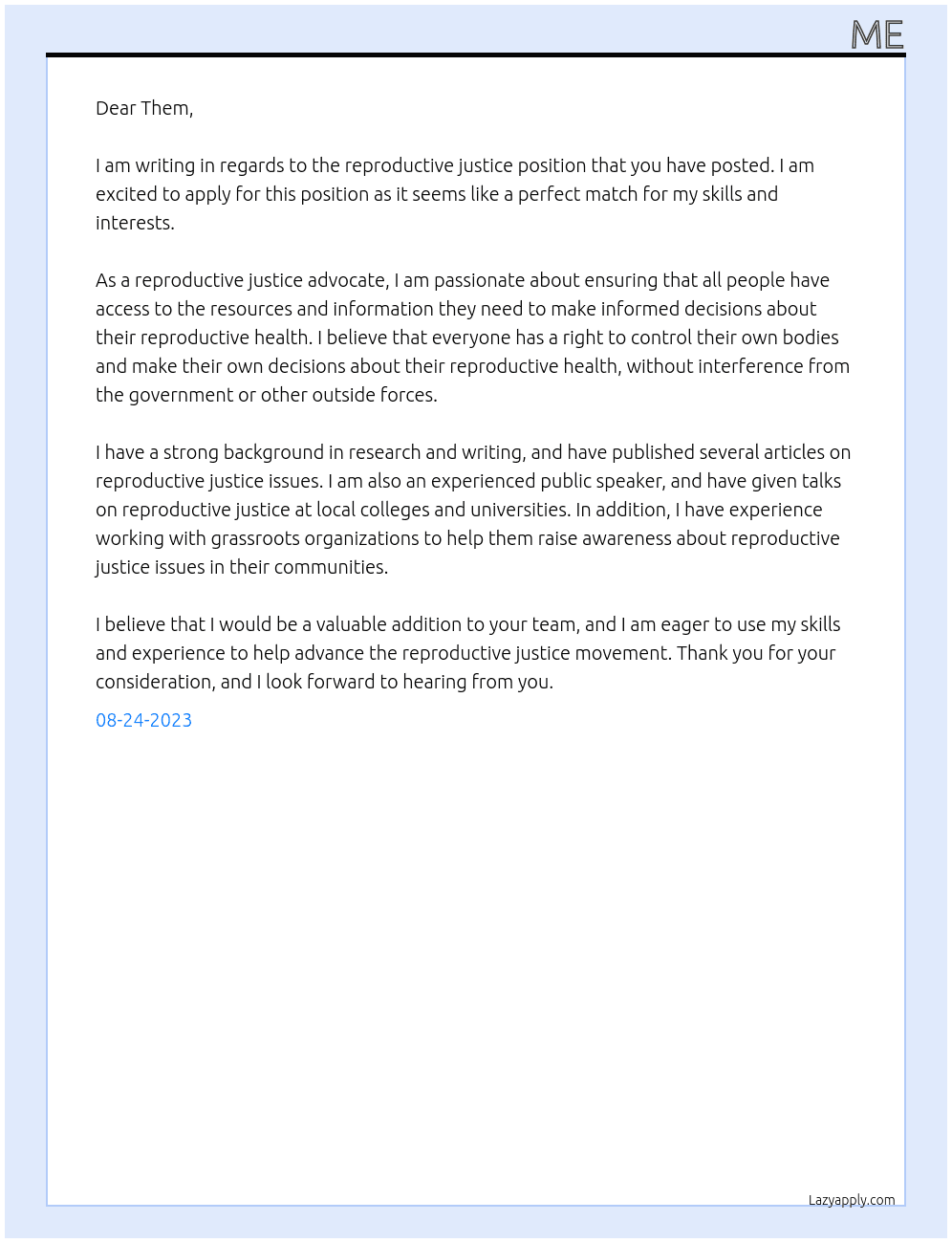 reproductive justice At them Cover Letter