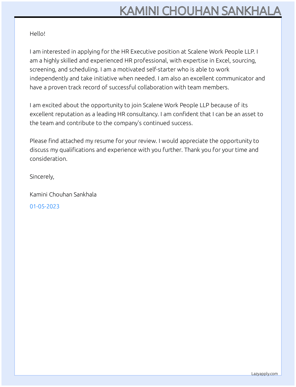 Hr Executive At Scalene work people llp Cover Letter