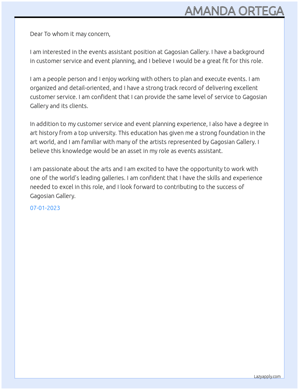 events assistant At Gagosian Gallery Cover Letter