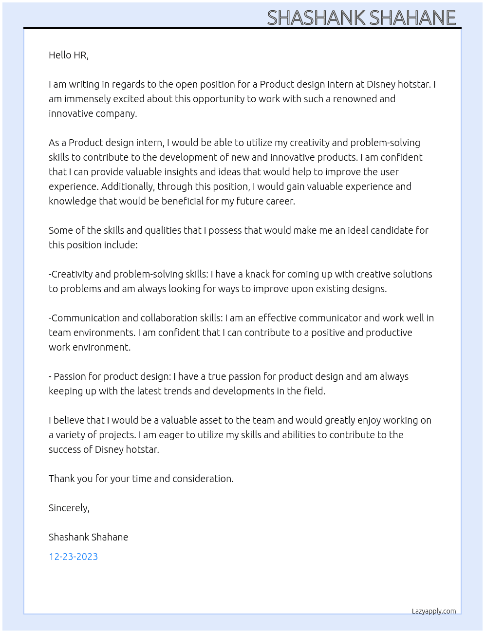 Product design intern At Disney hotstar Cover Letter