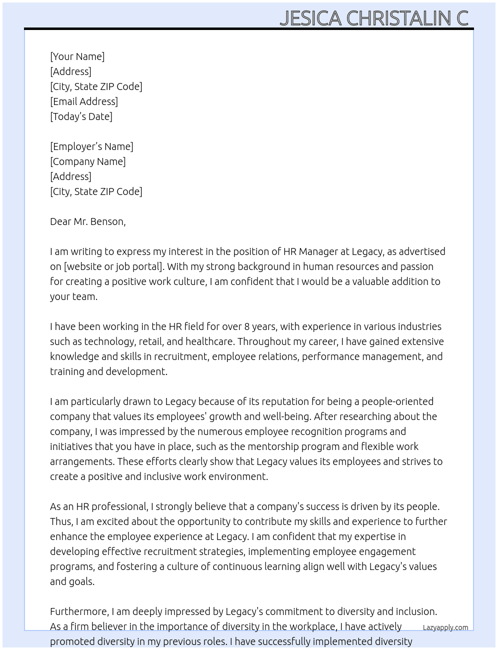 HR manager  At Legacy  Cover Letter