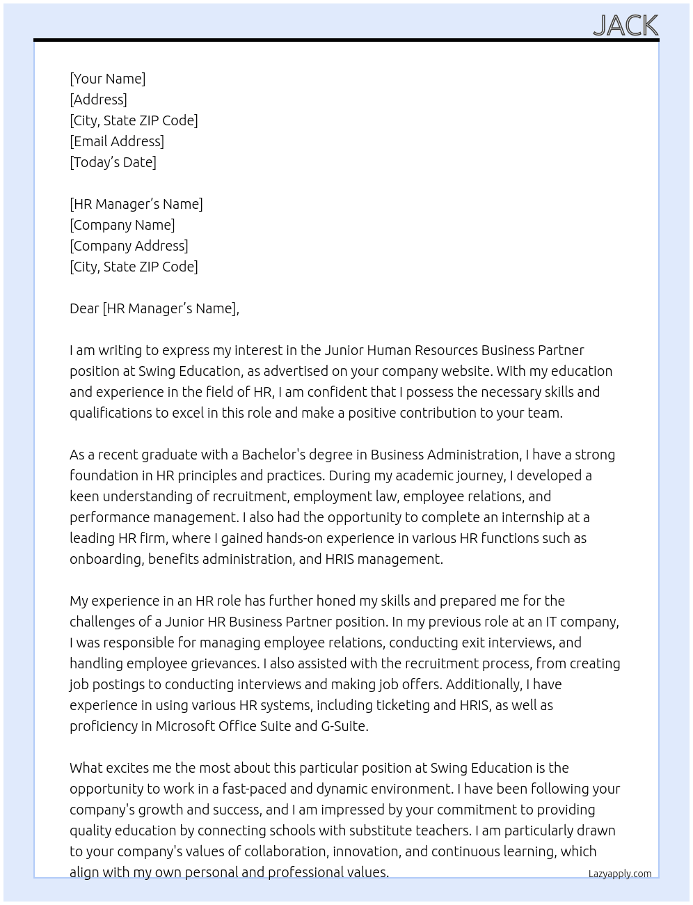 Junior Human Resources Business Partner At Swing Education Cover Letter