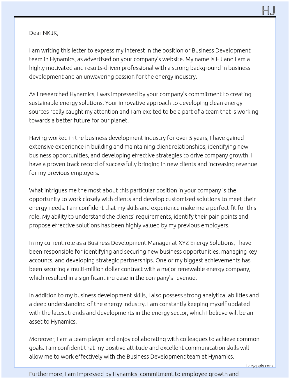 Business Development team of Hynamics At kjkj Cover Letter