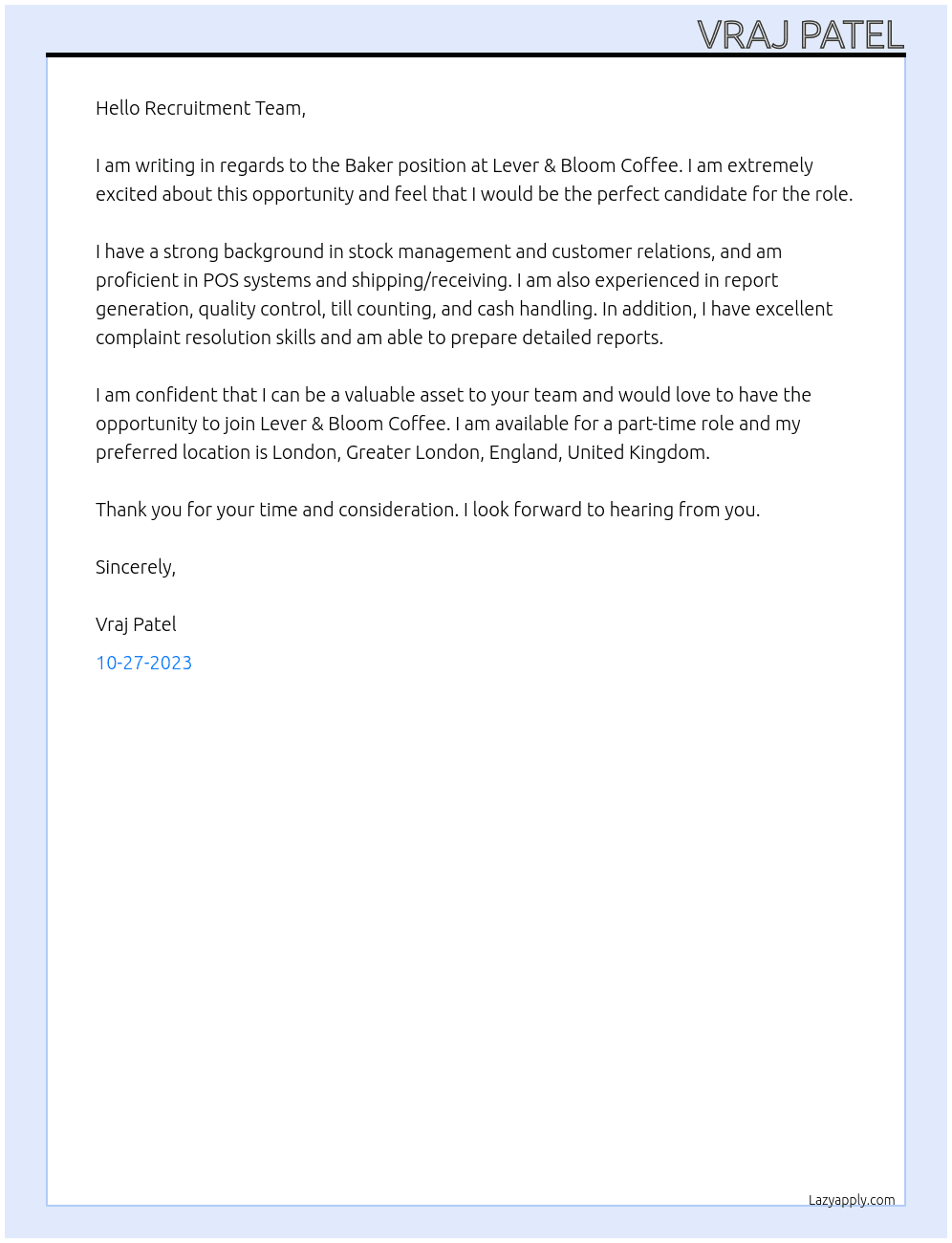 Baker At Lever & Bloom Coffee Cover Letter