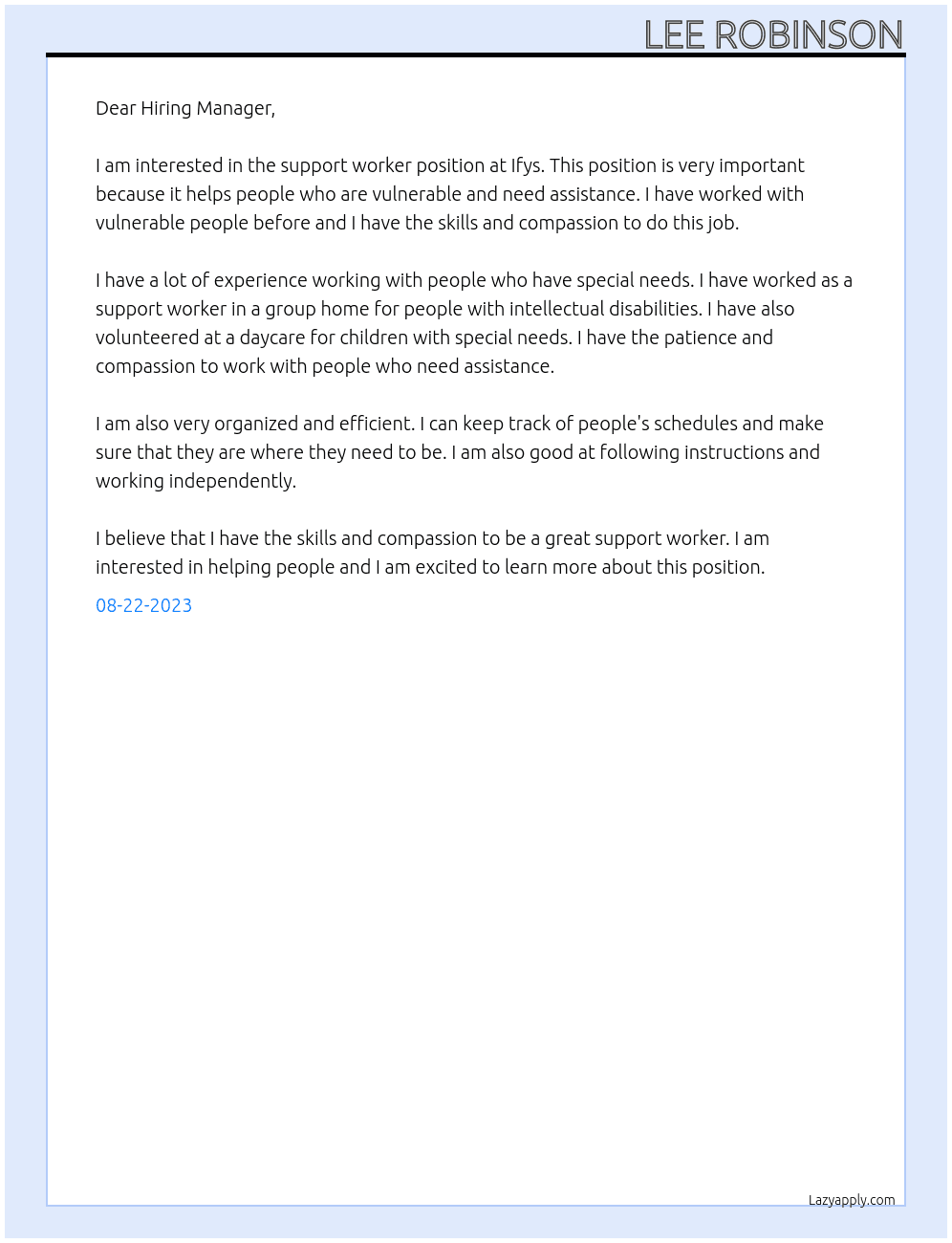 Support worker  At Ifys  Cover Letter