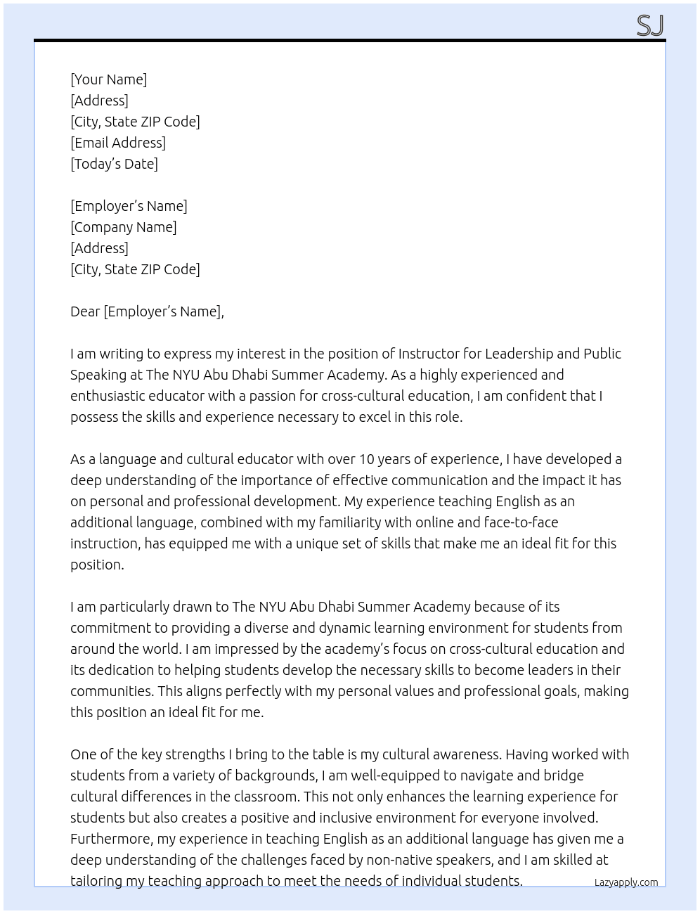 Instructor, Leadership and Public Speaking At The NYU Abu Dhabi Summer Academy Cover Letter