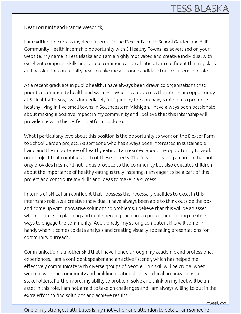 Dexter Farm to School Garden and 5HF Community Health Internship At 5 Healthy Towns Cover Letter