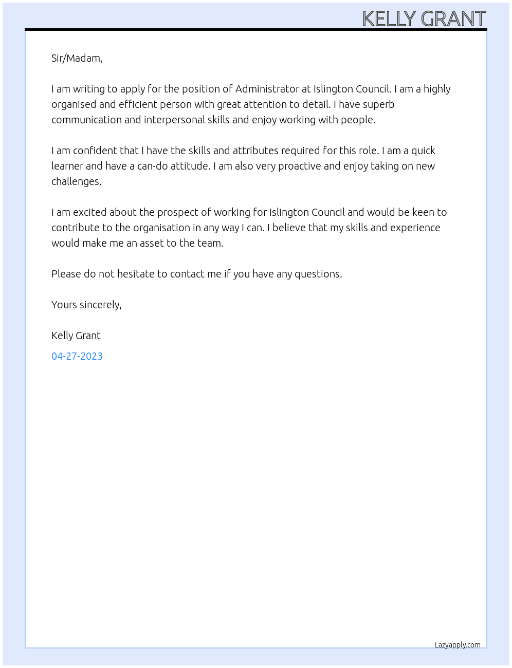 Administrator At Islington Council Cover Letter