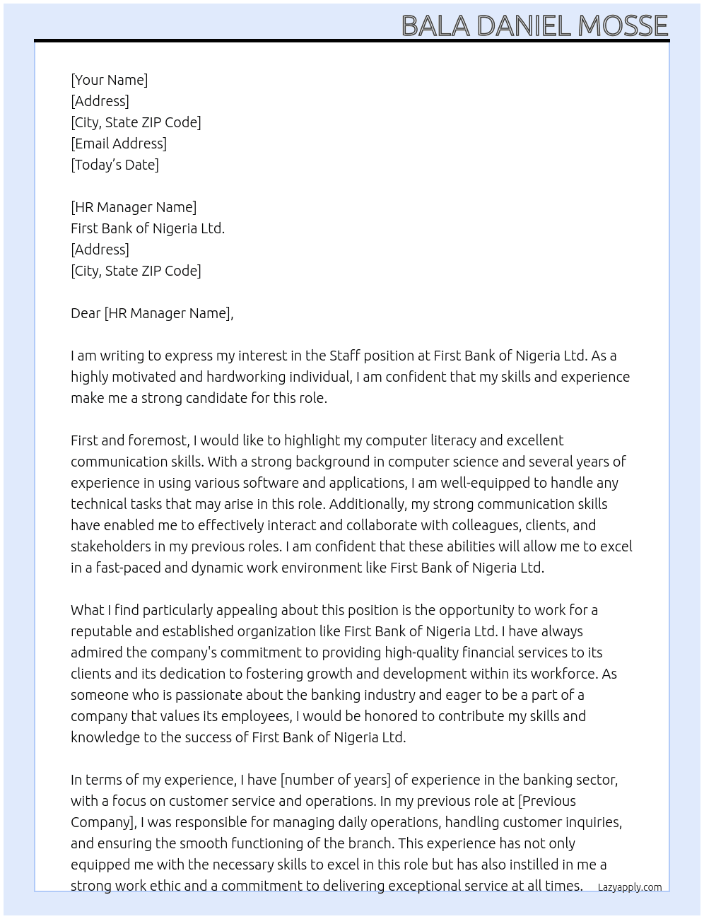 Staff At First Bank of Nigeria Ltd. Cover Letter