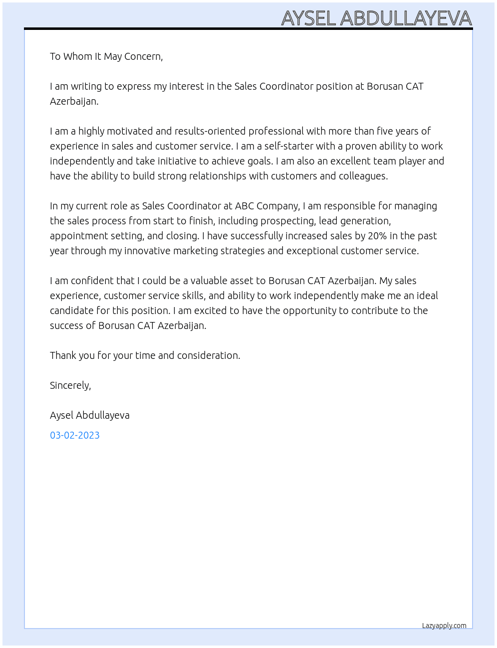 Sales Coordinator At Borusan CAT Azerbaijan Cover Letter