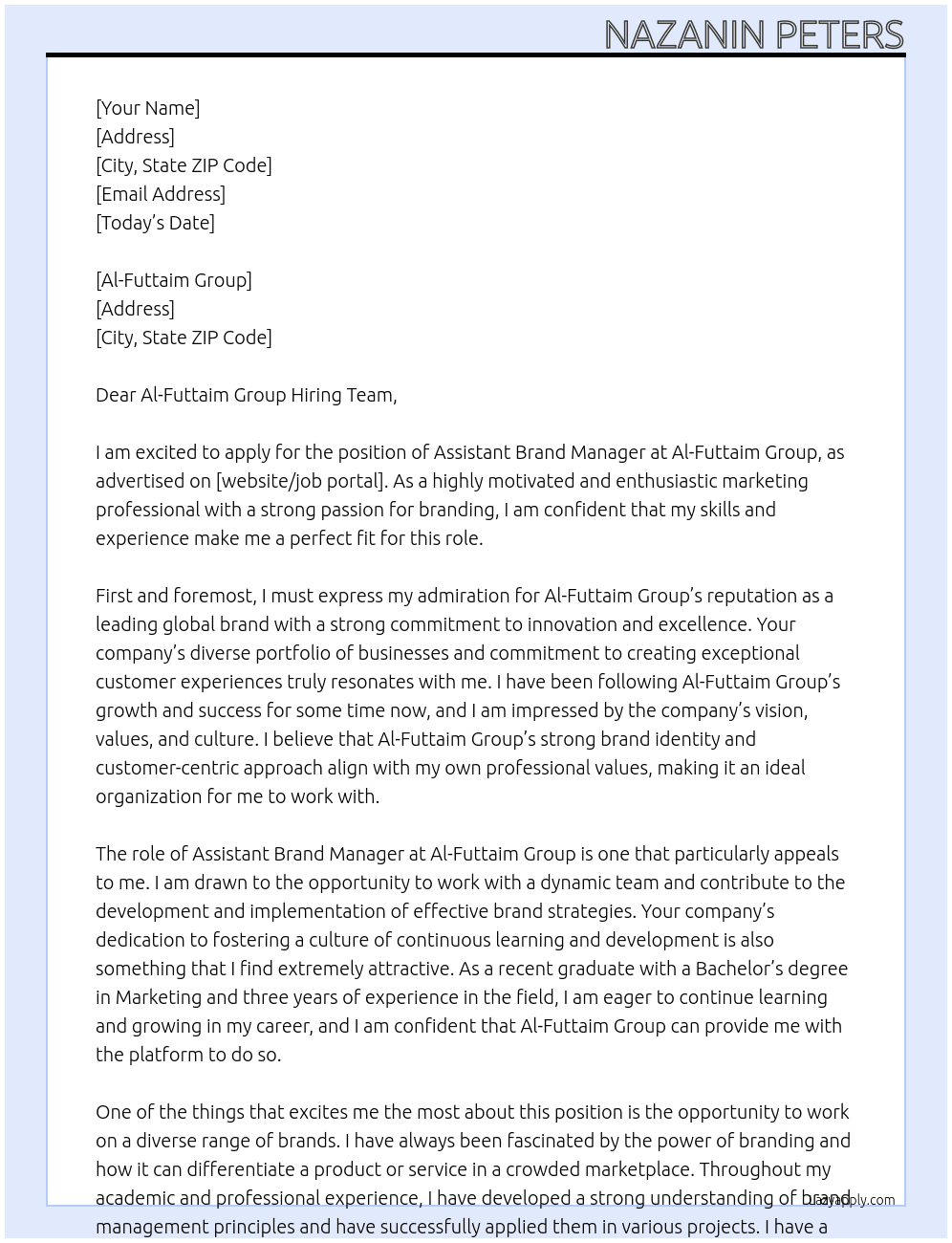 Assistant Brand Manager At Al-Futtaim Group Cover Letter