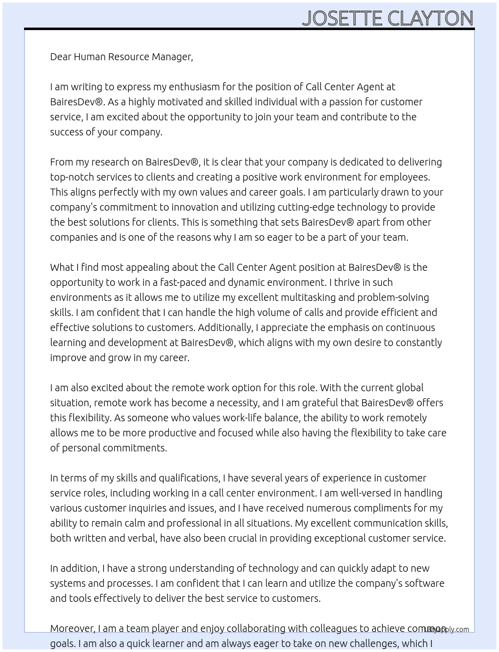 CALL CENTER AGENT At BairesDev® Cover Letter