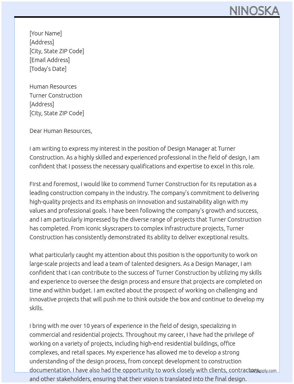 Design Manager At Turner Construction  Cover Letter