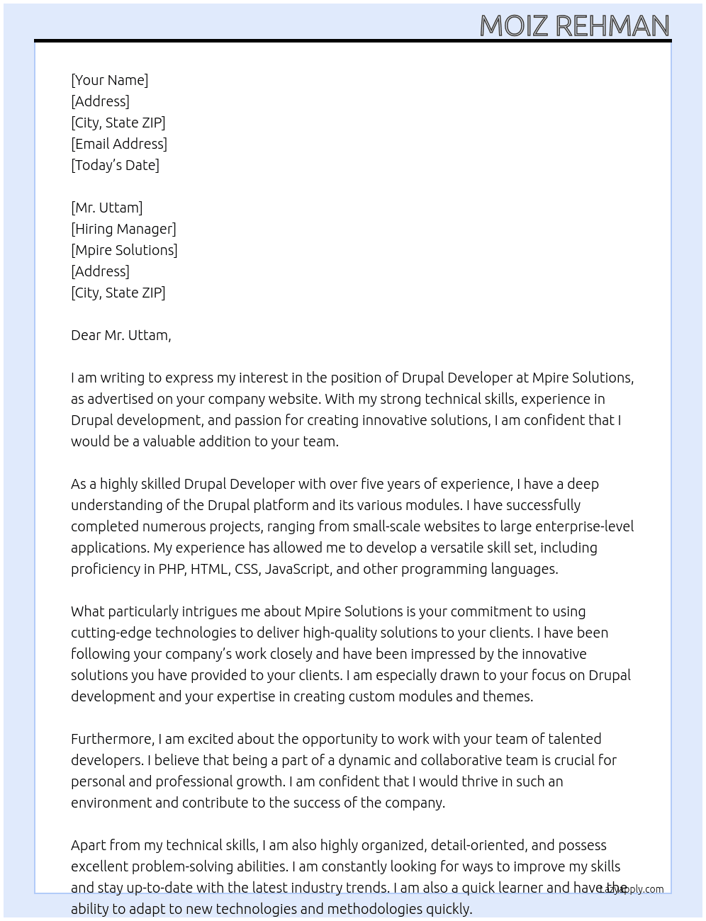Drupal Developer At Mpire Solutions Cover Letter