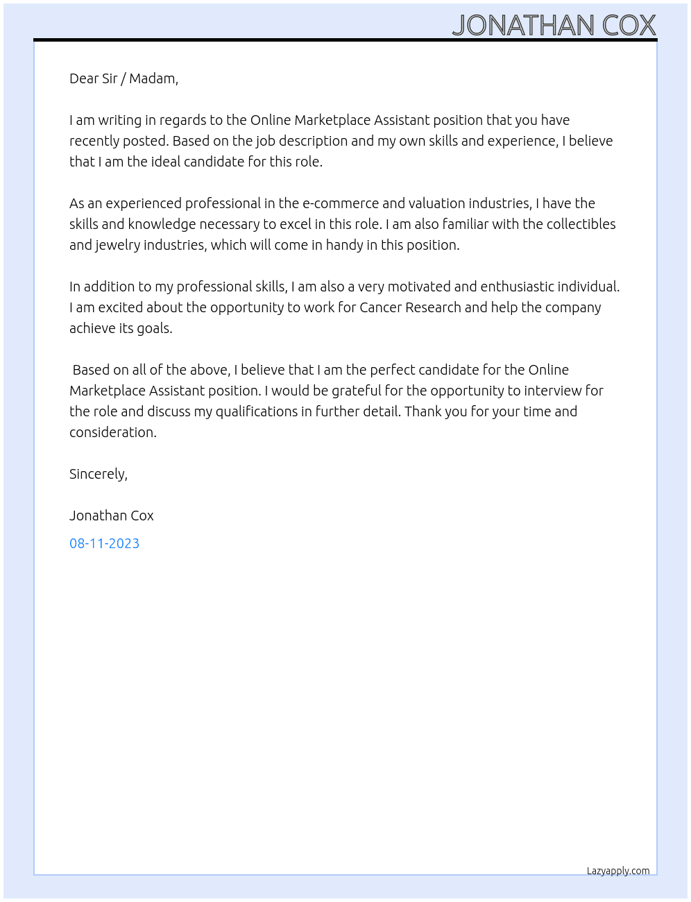 Online Marketplace Assistant  At Cancer Research  Cover Letter