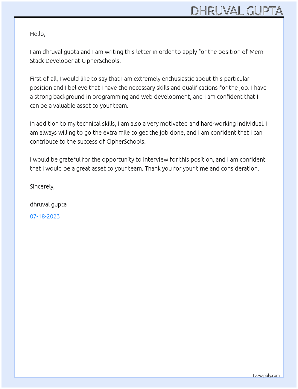 Mern Stack Developer At CipherSchools Cover Letter