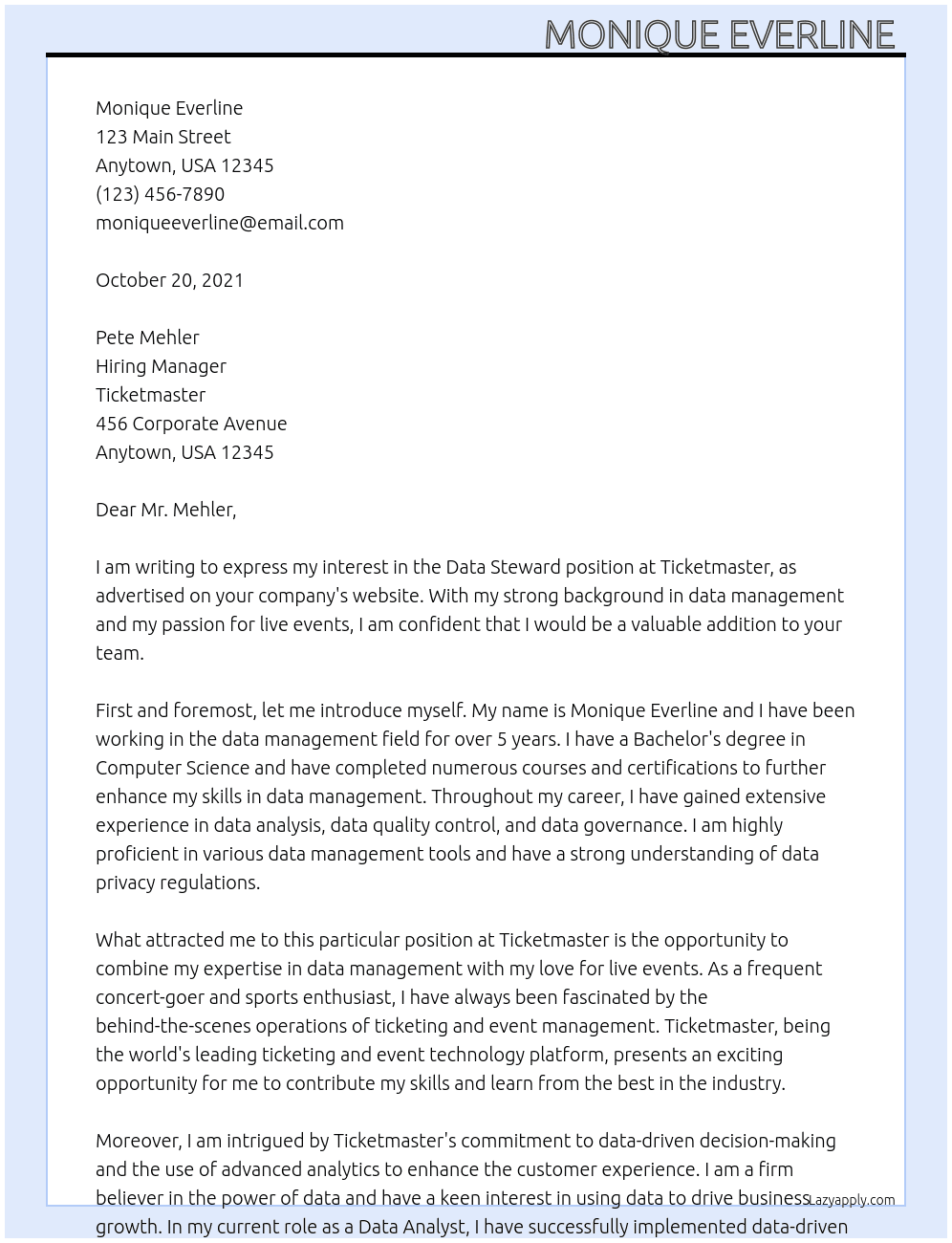 Data Steward At Ticketmaster Cover Letter