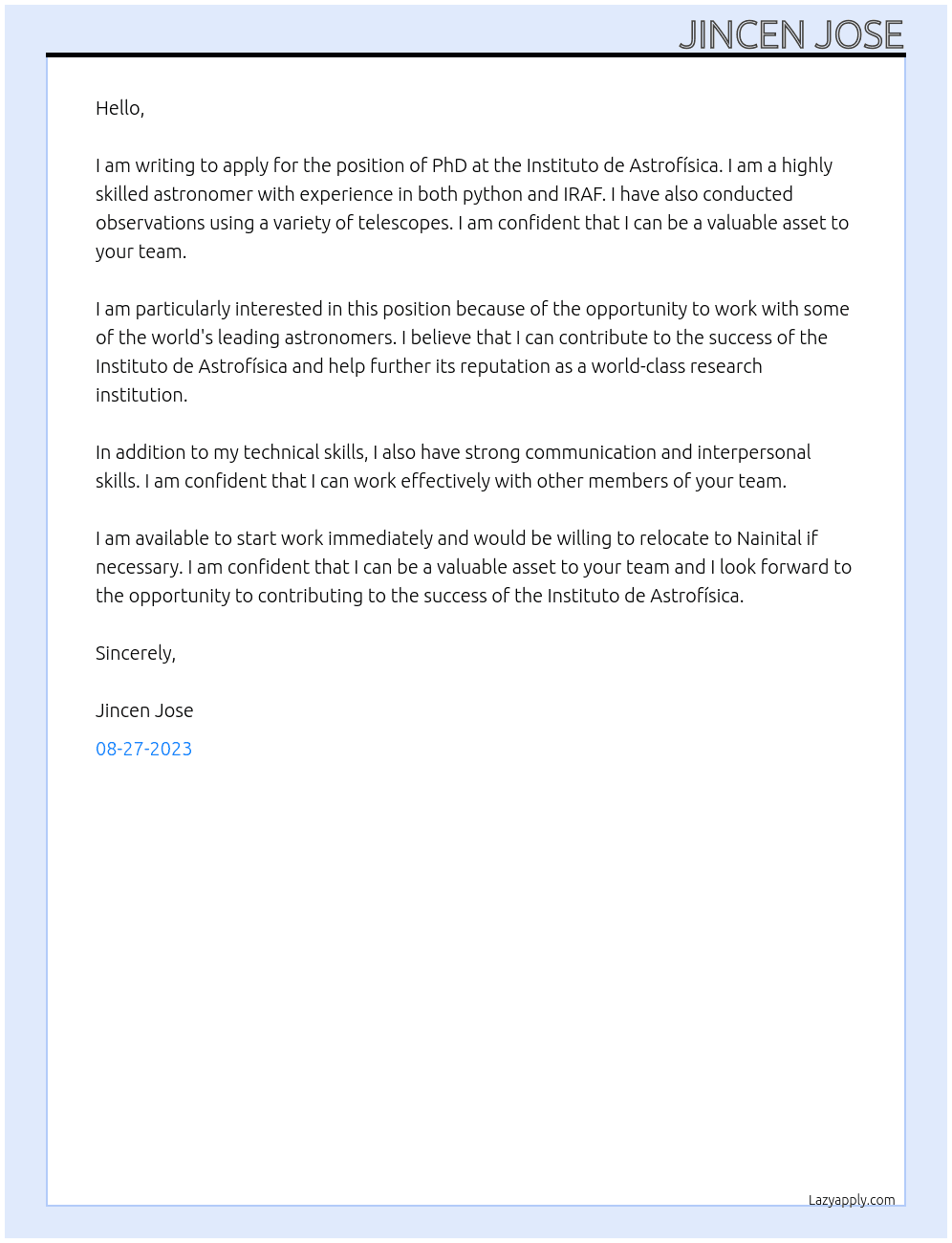 phd At Instituto de Astrofísica Cover Letter