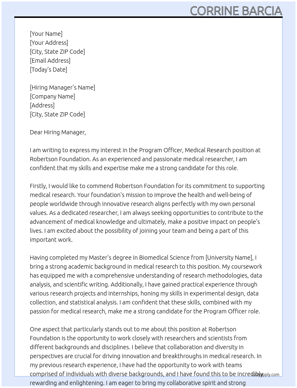 Program Officer, Medical Research At Robertson Foundation Cover Letter
