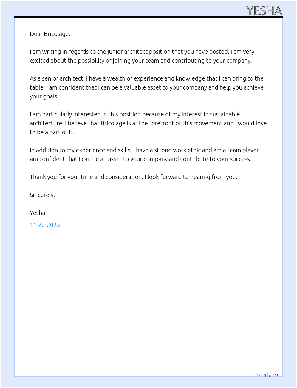 junior architect At Bricolage  Cover Letter