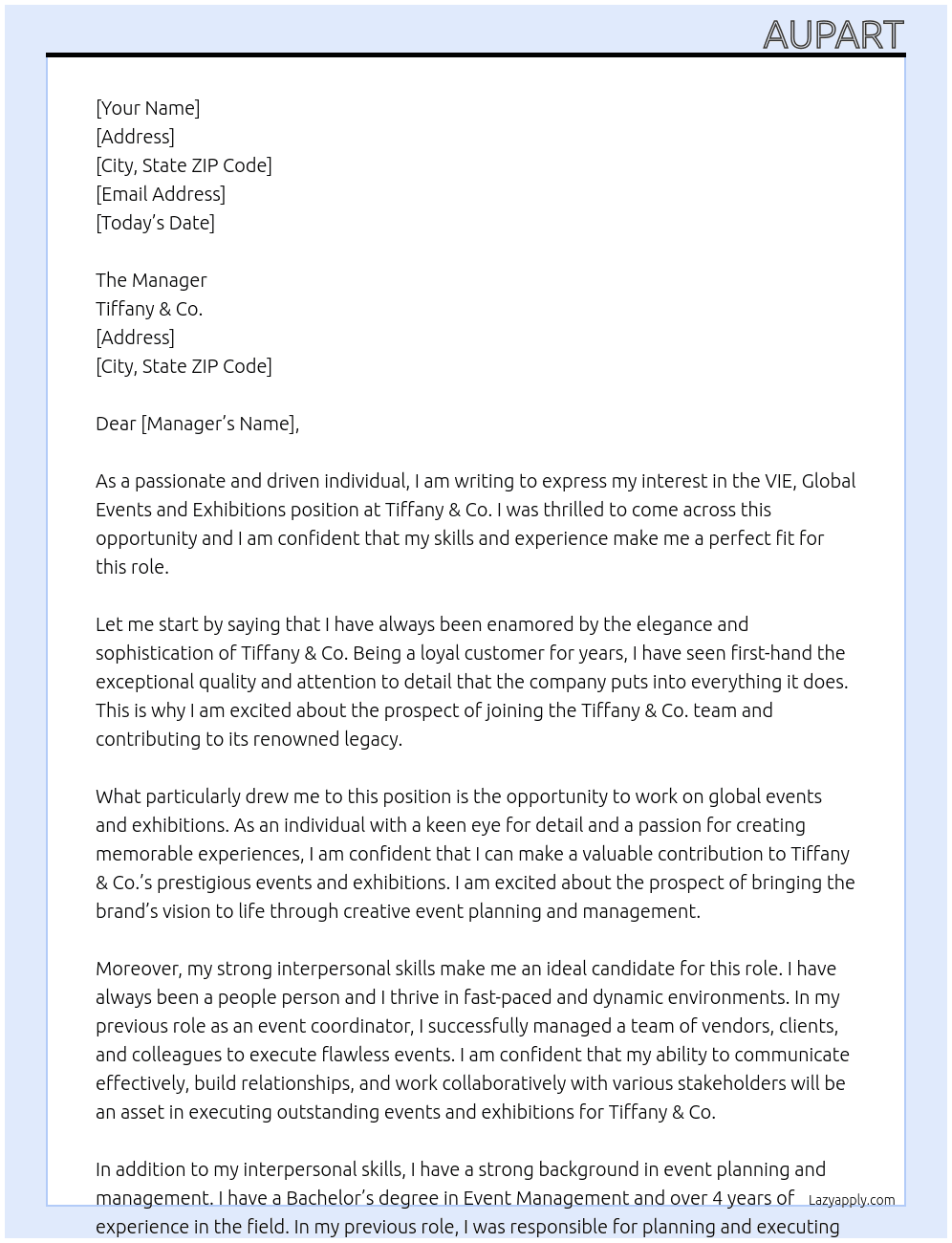 VIE, Global Events and Exhibitions At Tiffany & Co. Cover Letter