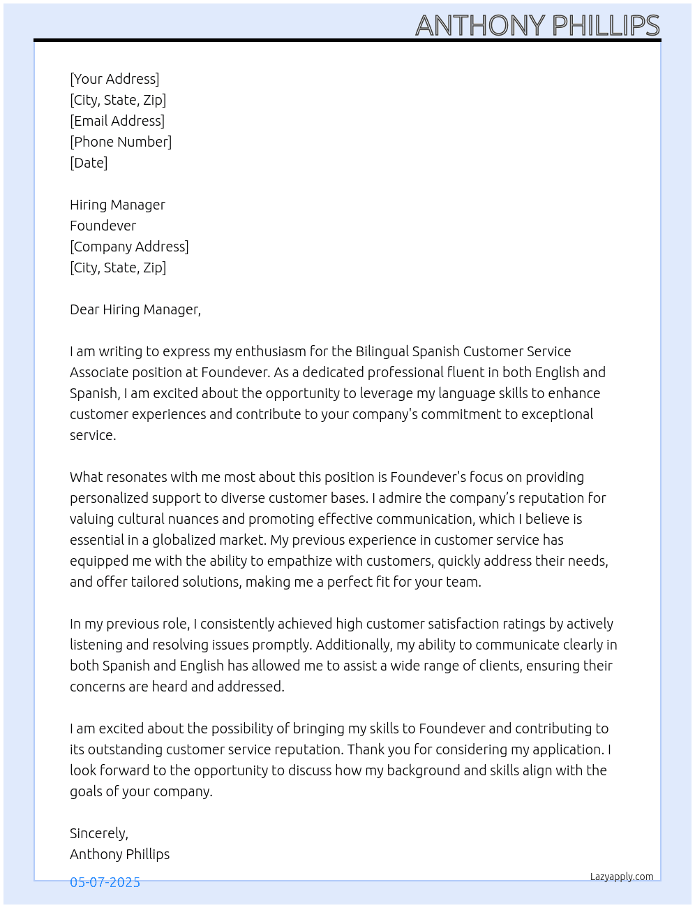 Cover letter for bilingual spanish customer service associate - LazyApply