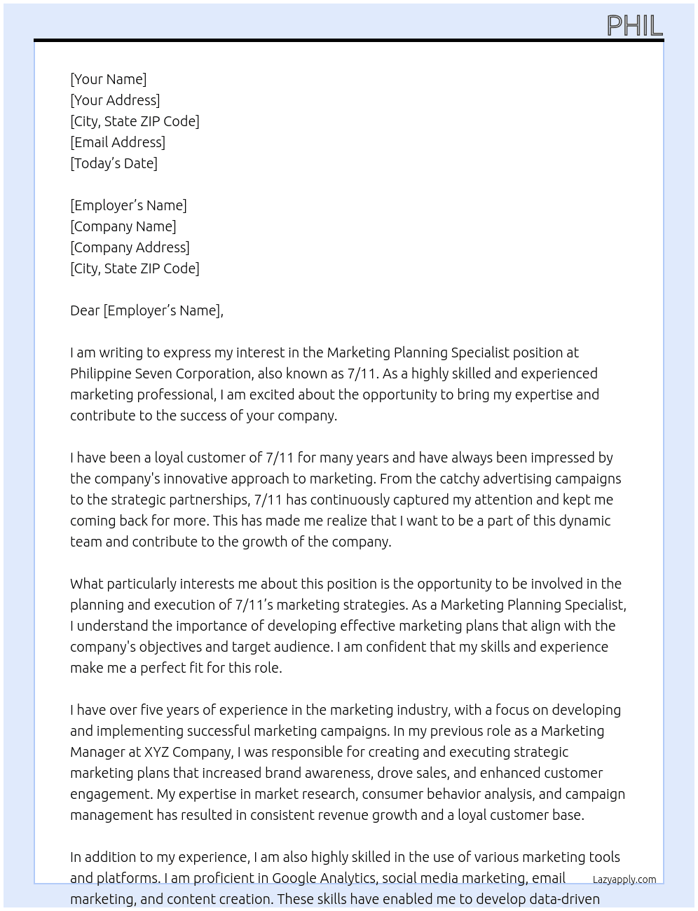 Marketing Planning Specialist At 7/11 Cover Letter