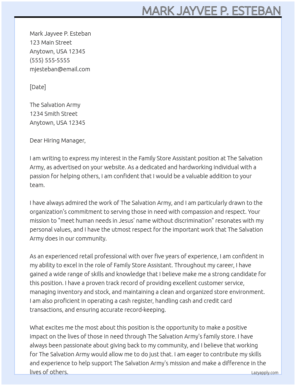 Family Store Assistant At The Salvation Army Cover Letter
