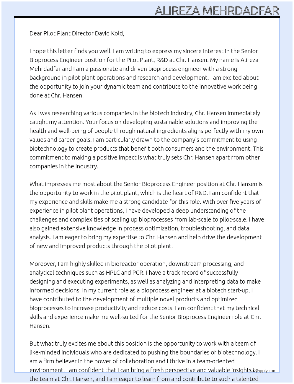 Senior Bioprocess Engineer for Pilot Plant, R&D At Chr. Hansen Cover Letter