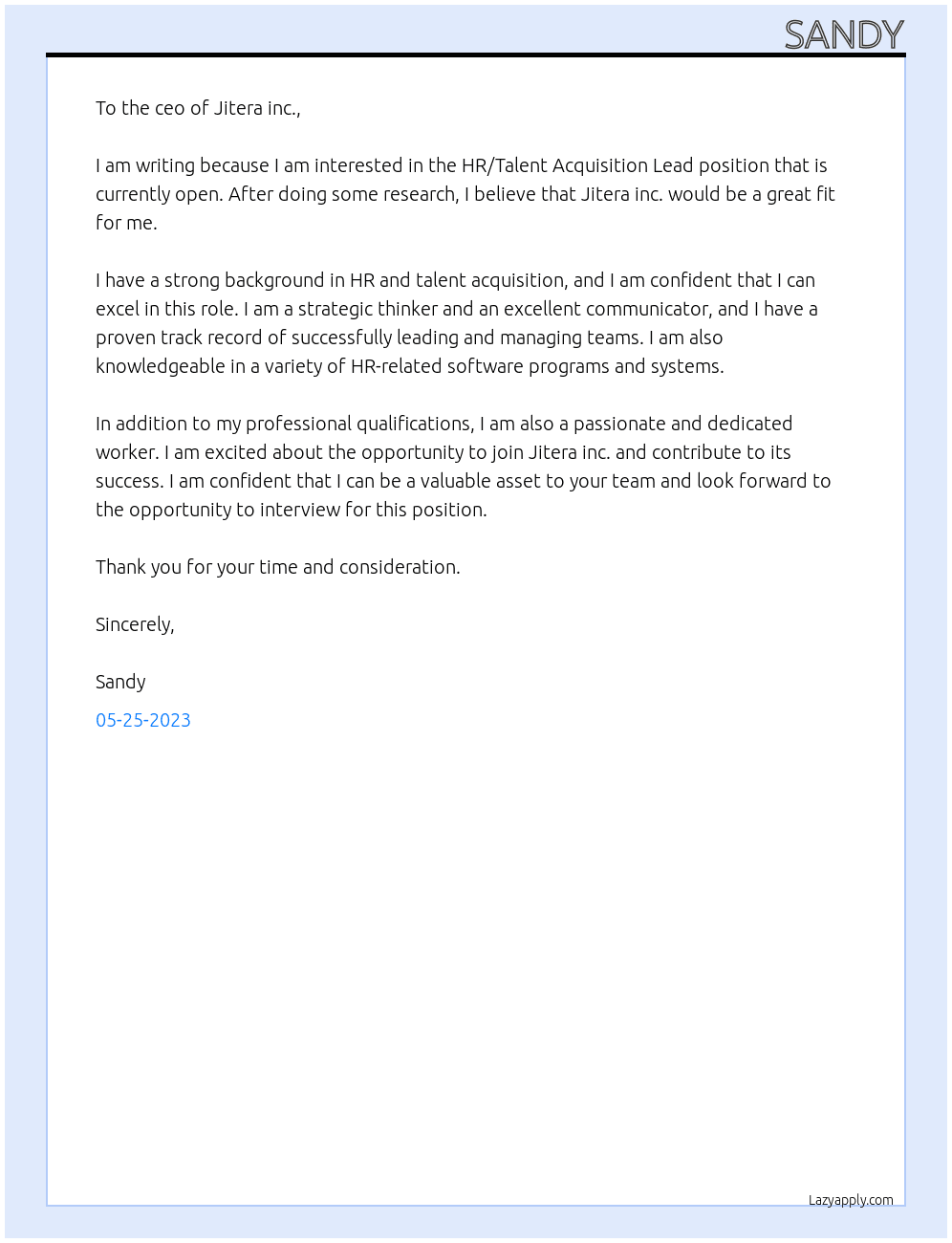 HR/Talent Acquisition Lead At Jitera inc. Cover Letter