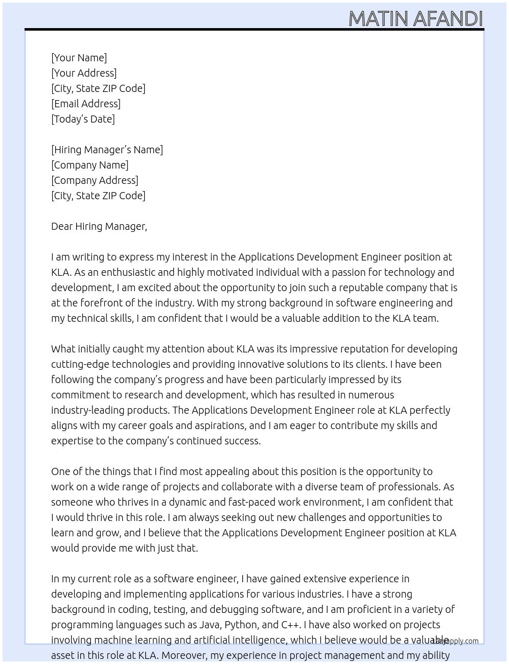 Applications Development Engineer At KLA Cover Letter