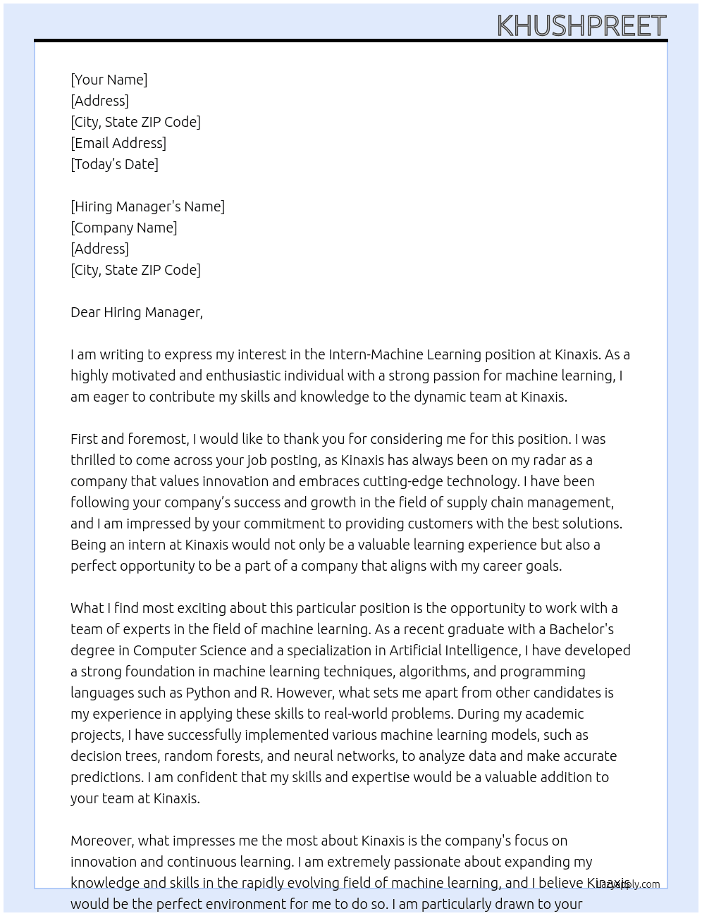 Intern-Machine Leaarning At Kinaxis Cover Letter