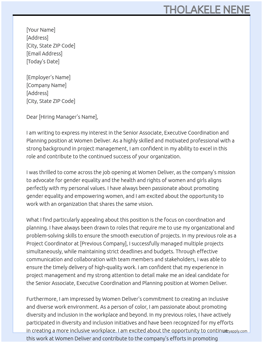 Senior Associate, Executive Coordination and Planning At Women Deliver Cover Letter