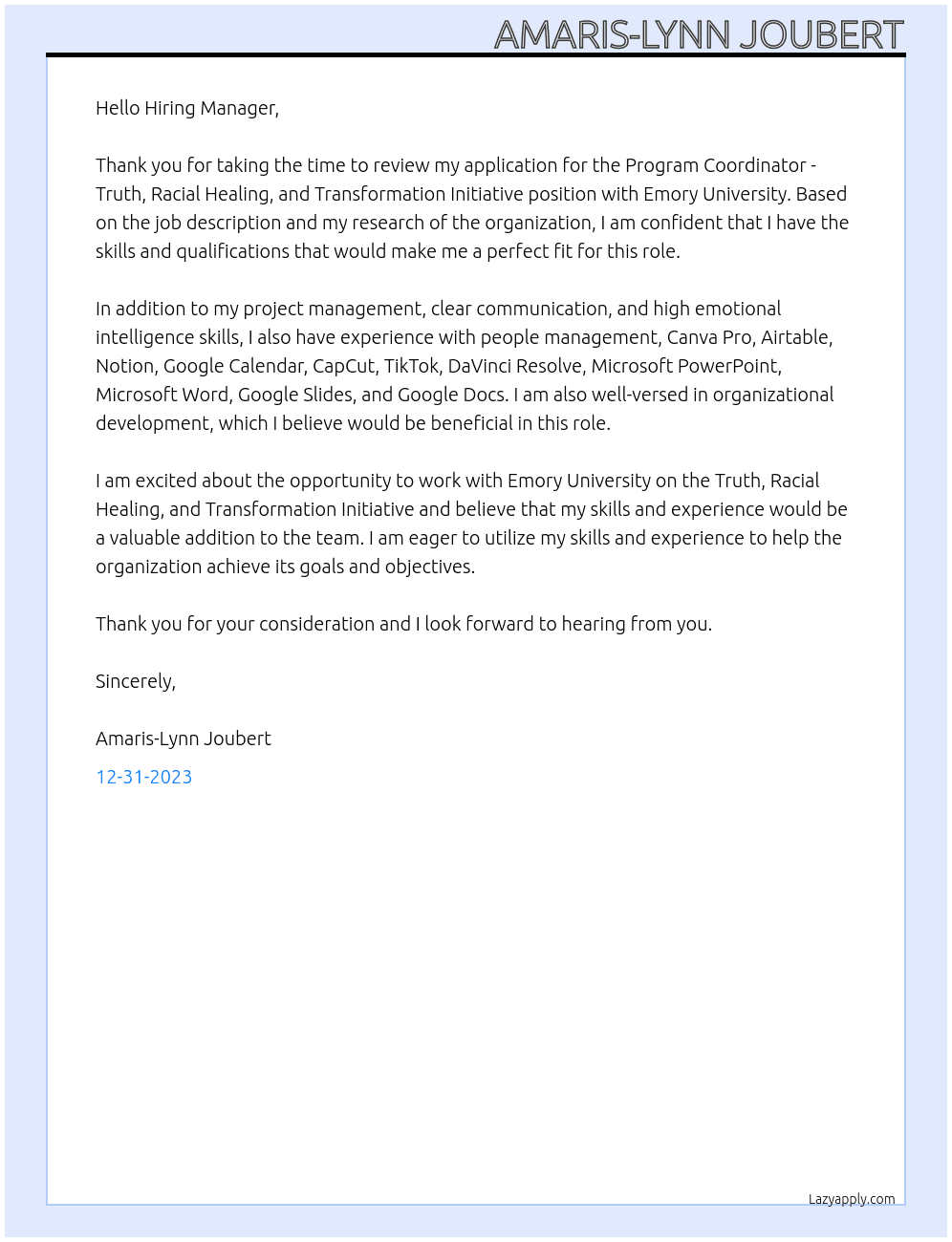 Program Coordinator - Truth, Racial Healing, and Transformation Initiative At Emory University Cover Letter