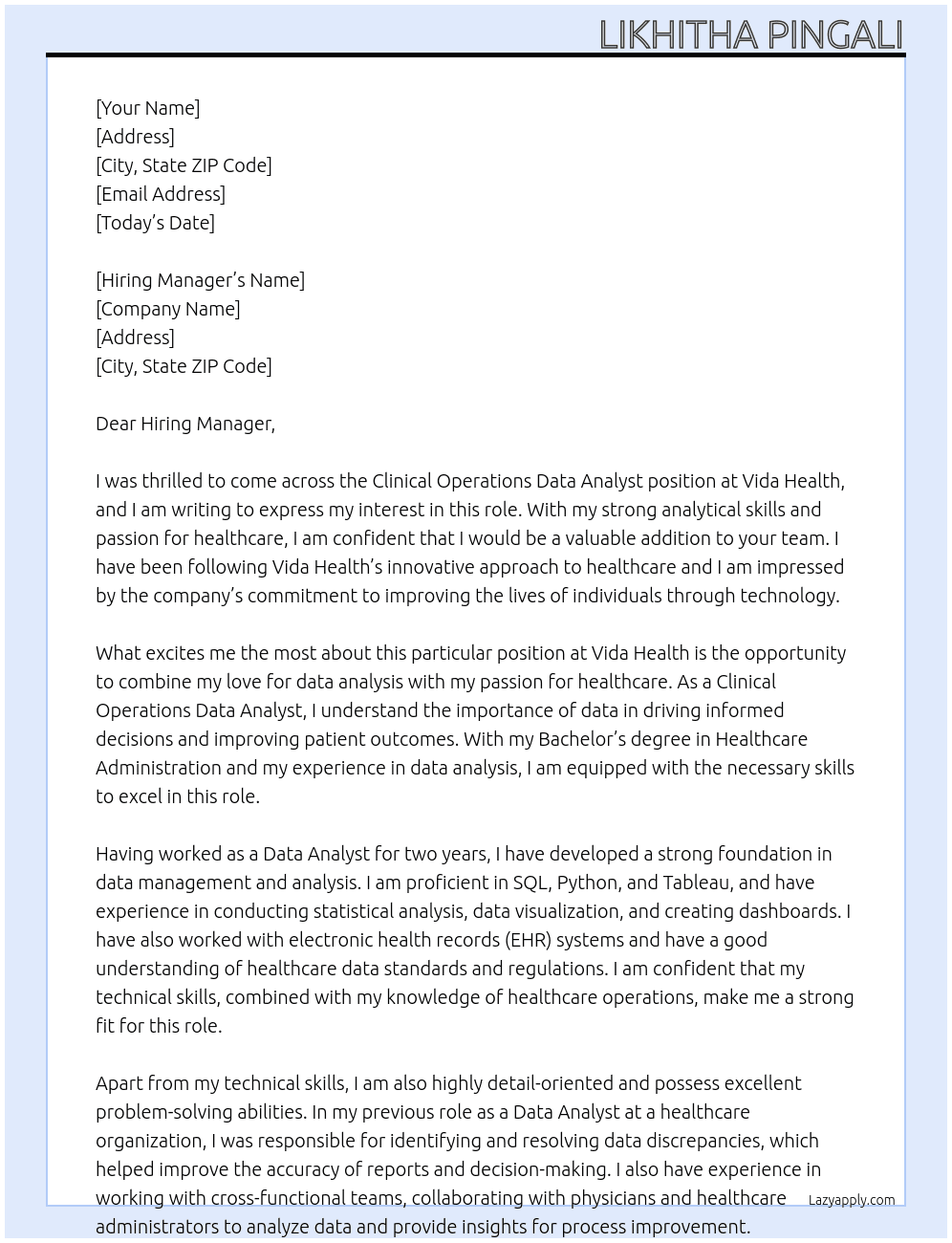 Clinical Operations Data Analyst At Vida Health Cover Letter