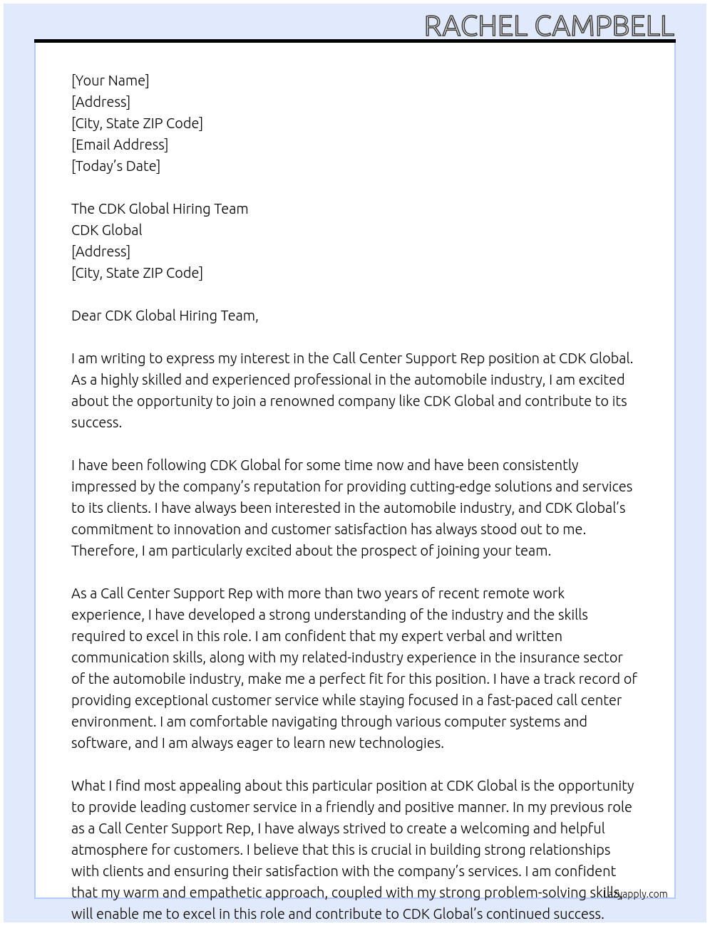 Call Center Support Rep At CDK Global Cover Letter