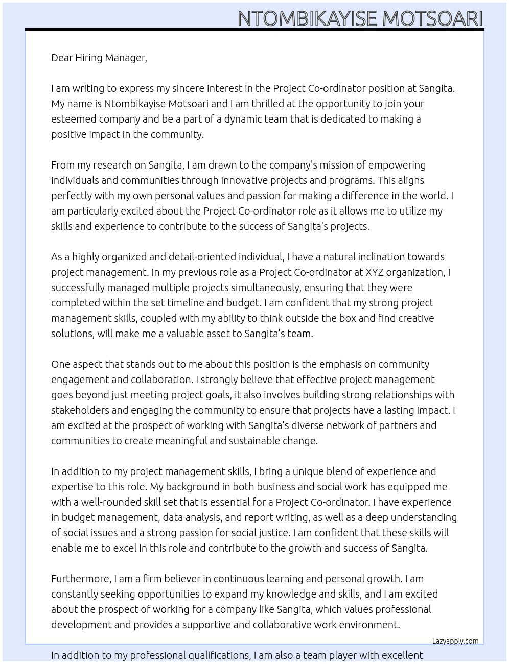Project Co-ordinator At Sangita Cover Letter