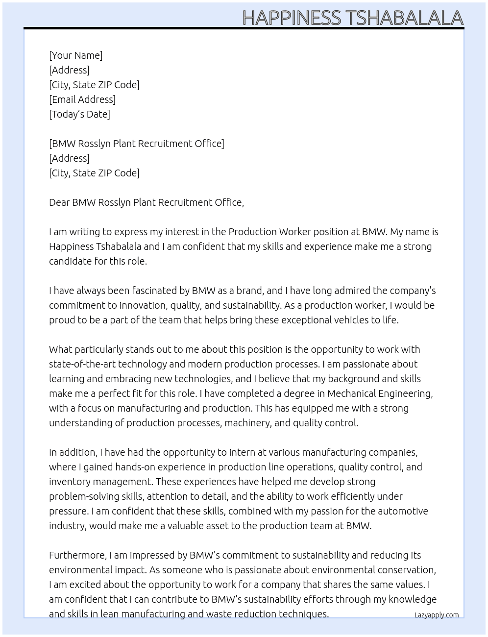 Production worker  At BMW Cover Letter