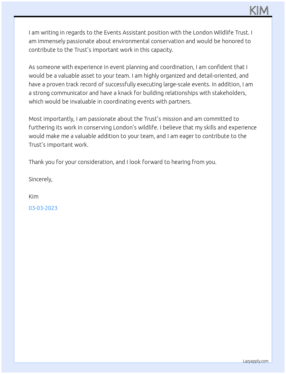Events Assistant At London Wildlife Trust Cover Letter
