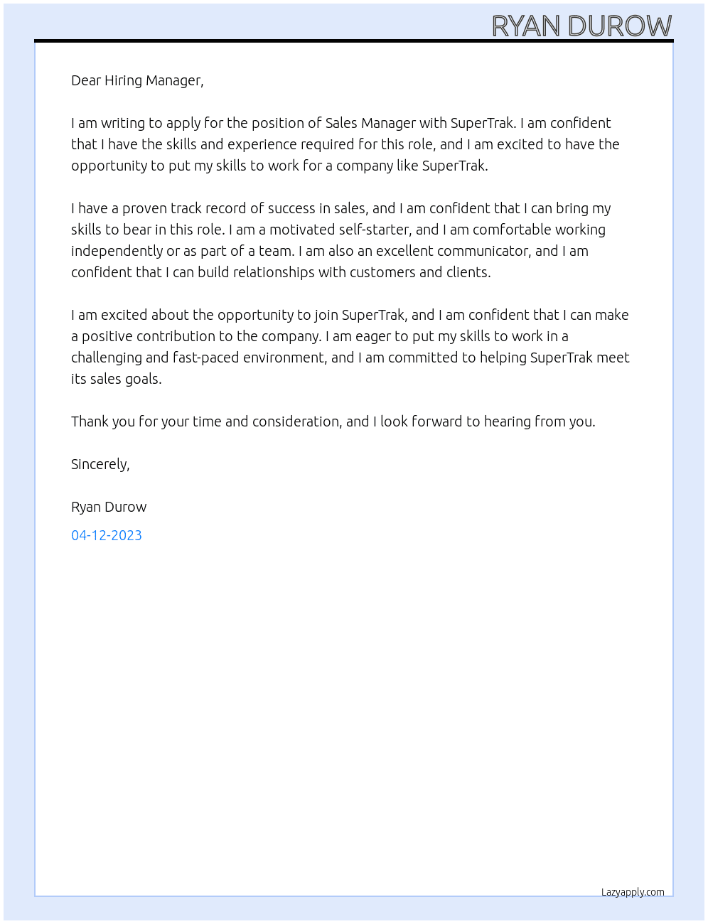 Sales Manager, SuperTrak At ATS Cover Letter
