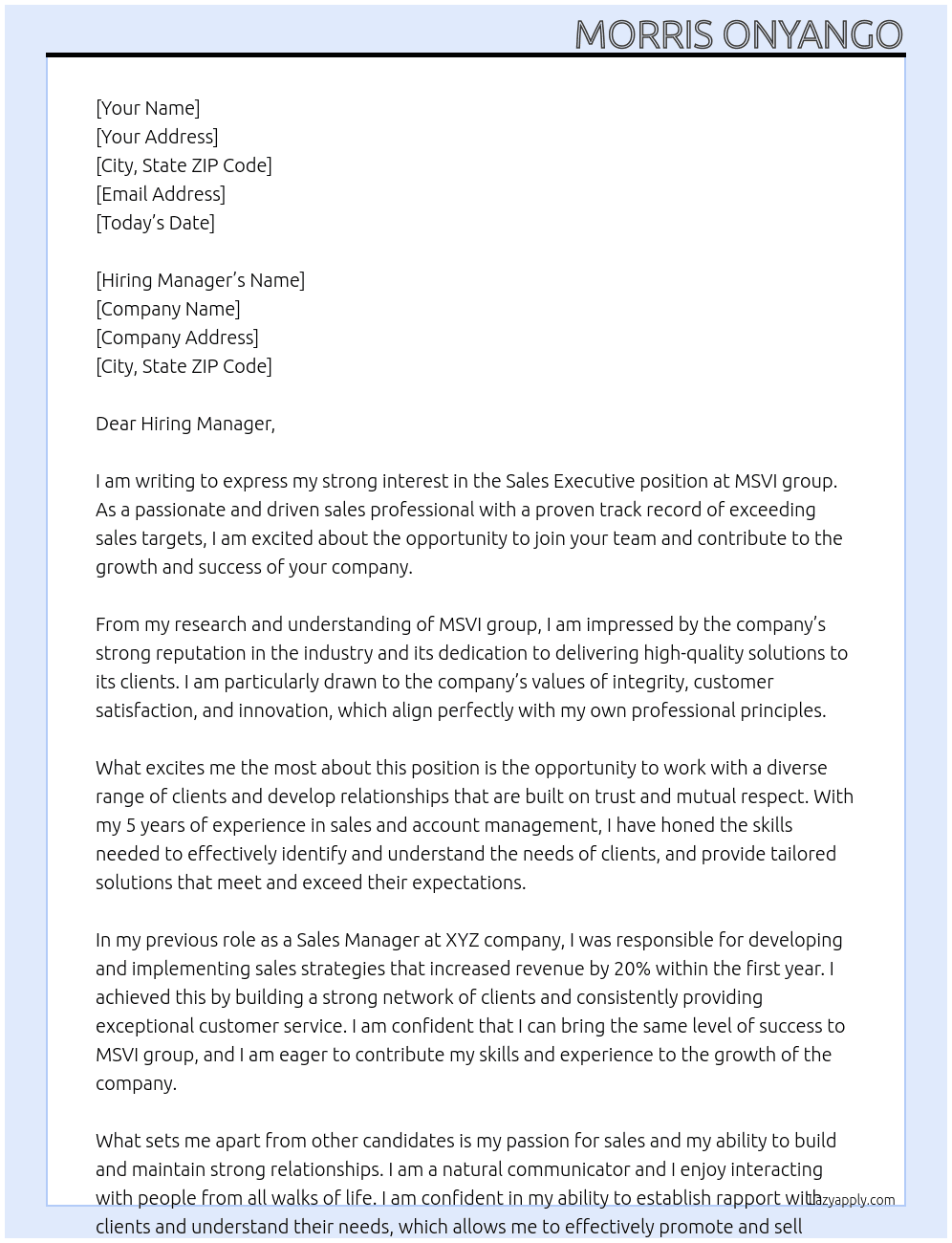 Sales executive  At MSVI group  Cover Letter