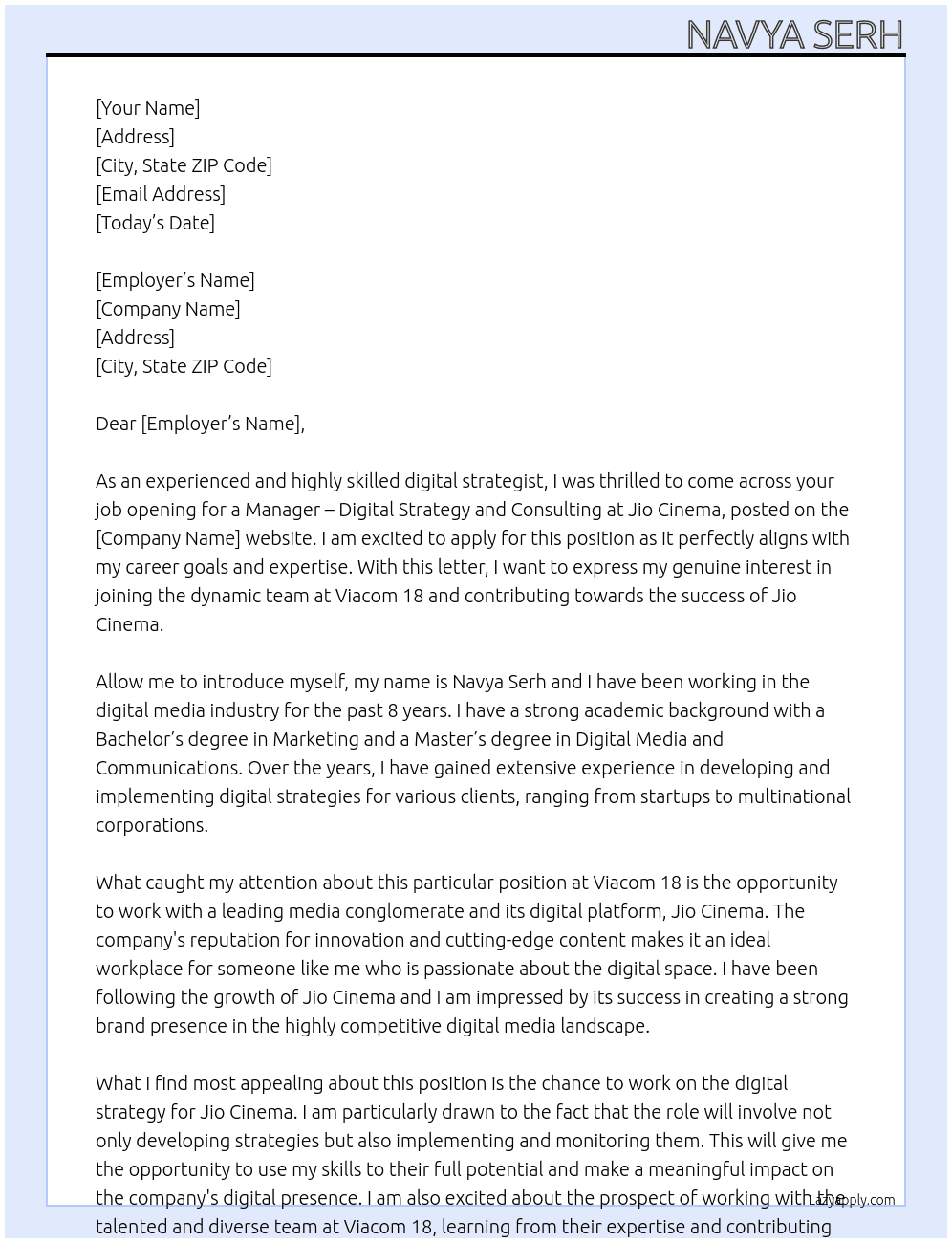 Manager - Digital Strategy and Consulting Jio cinema At Viacom 18 Cover Letter