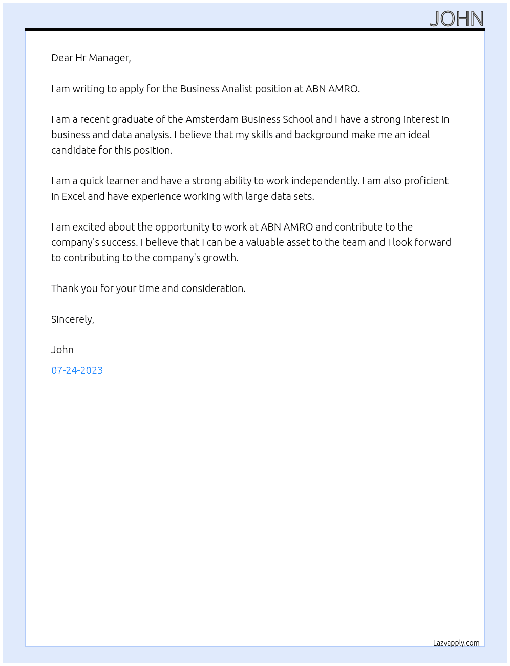 Business Analist  At ABN AMRO Cover Letter