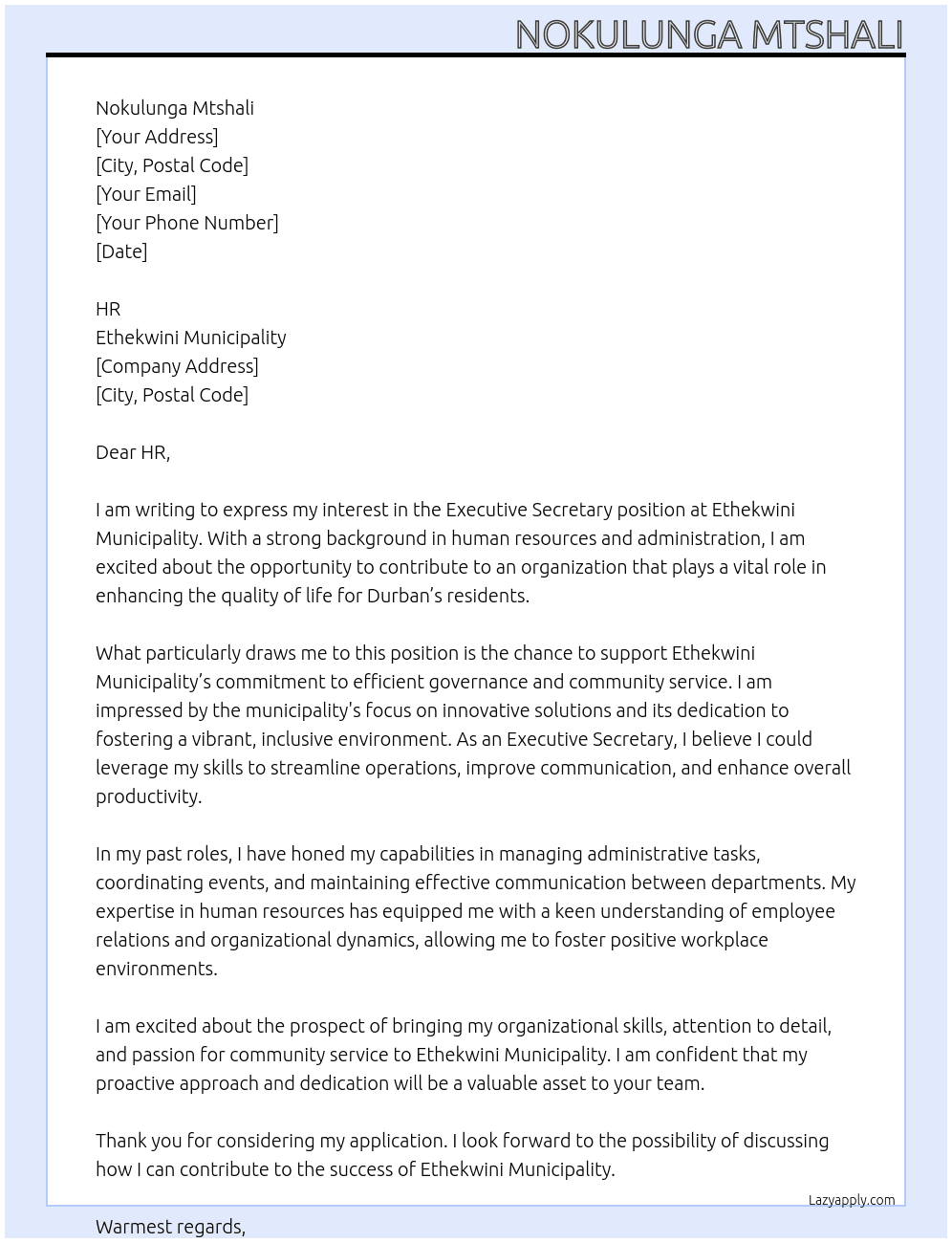 executive secretary At ethekwini municipality Cover Letter